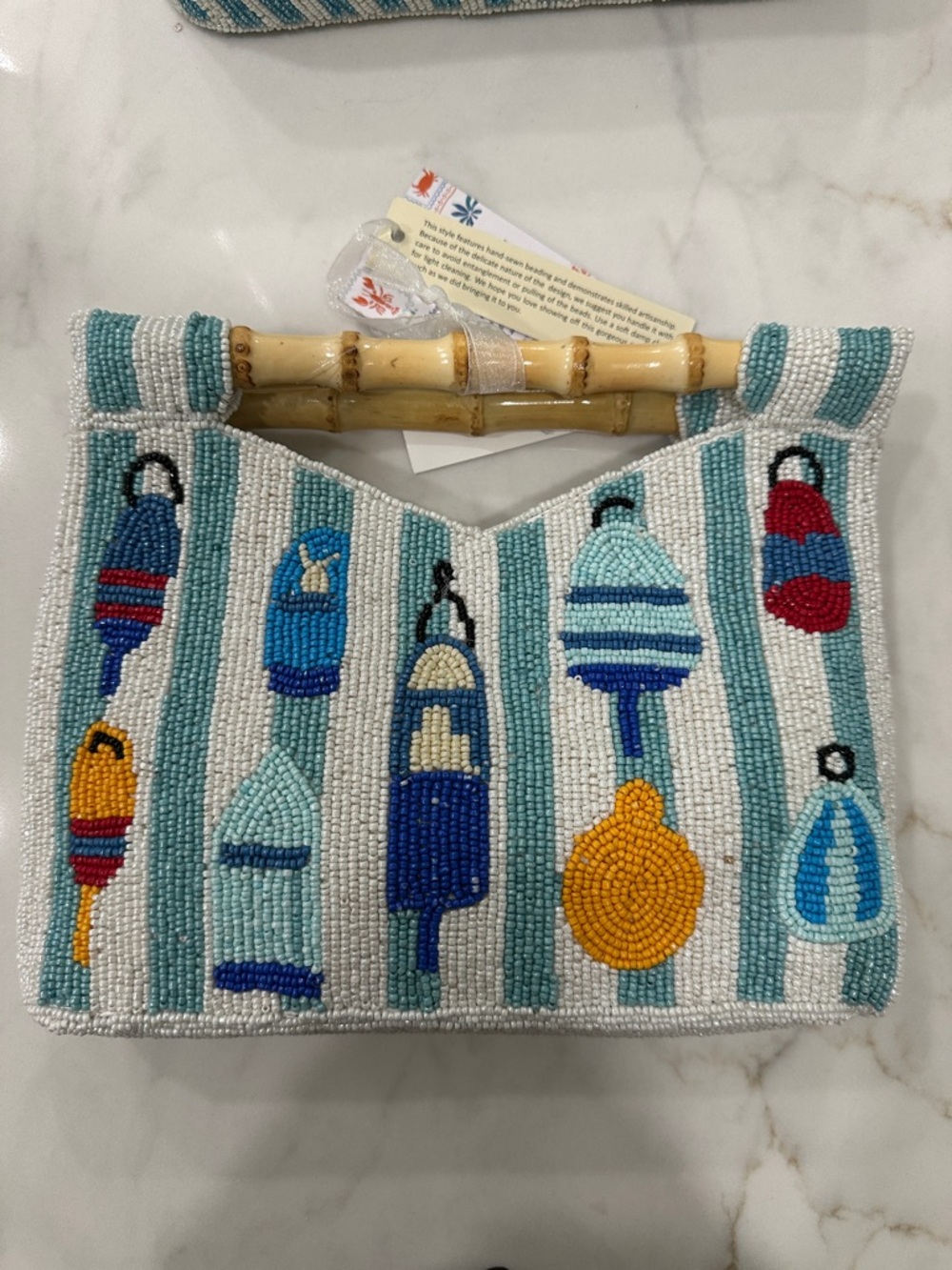 Made in India viral Beaded Buoy Pattern Bamboo Handle Clutch - White & Teal